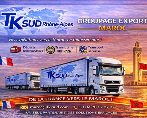 Spécialiste du groupage export Maroc. Départs hebdomadaires, transit rapide, transport sécurisé entre la France et le Maroc. Contactez TK SUD Rhône-Alpes pour votre devis.