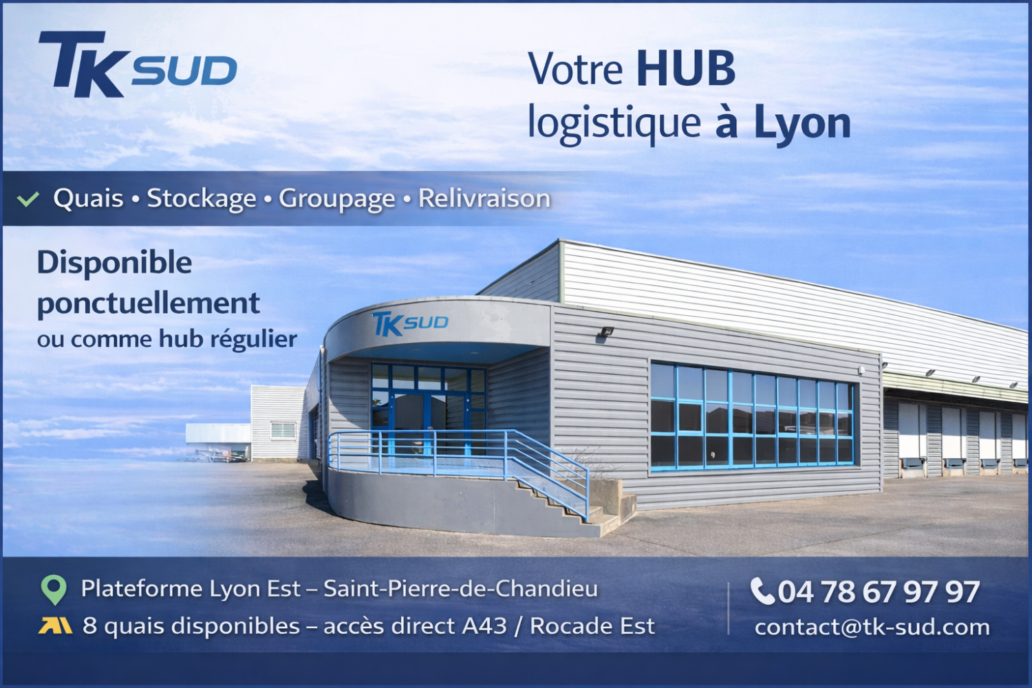 Notre hub logistique de Lyon HUB logistique TK SUD Rhône-Alpes à Lyon avec quais poids lourds et plateforme de groupage à Saint-Pierre-de-Chandieu
